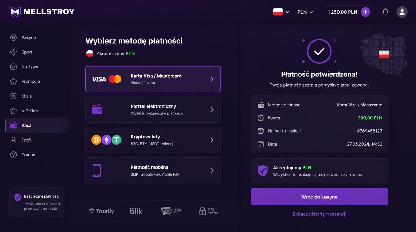  interfejs kasyna pokazujący metody wpłaty dla graczy z Polski. 