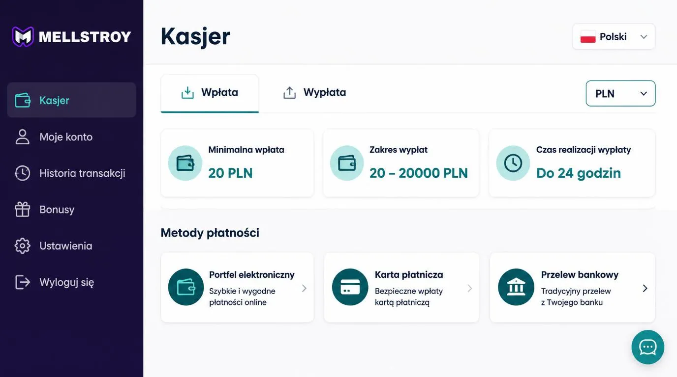 Polskojęzyczny panel kasy z kontem w PLN, progiem 20 PLN i deklarowanym czasem wypłaty do 24 godzin