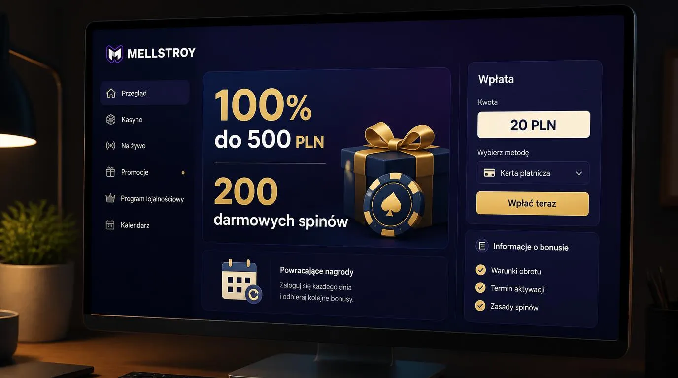 Panel bonusu powitalnego 100% do 500 PLN i 200 darmowych spinów obok pola depozytu 20 PLN
